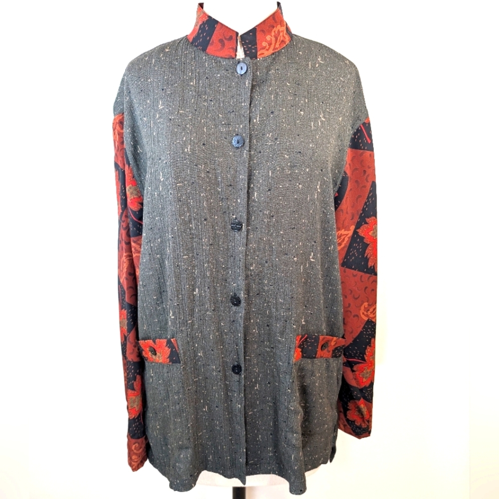 Vintage KOOS Of Course! Oversized Rayon button up W  fall leaves sleeves. Large